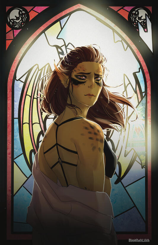 Lae'zel Stained Glass Epilogue Portrait - The outfits, posing, flowers, and artwork in the stained glass all represent a best possible future (in my eyes) for each character from BG3 after the epilogue. 2025.