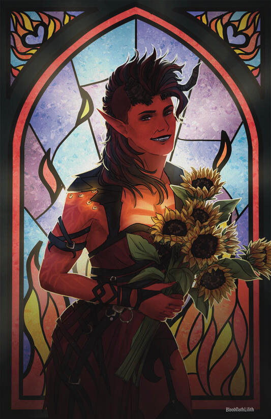 Karlach Stained Glass Epilogue Portrait - The outfits, posing, flowers, and artwork in the stained glass all represent a best possible future (in my eyes) for each character from BG3 after the epilogue. 2025.