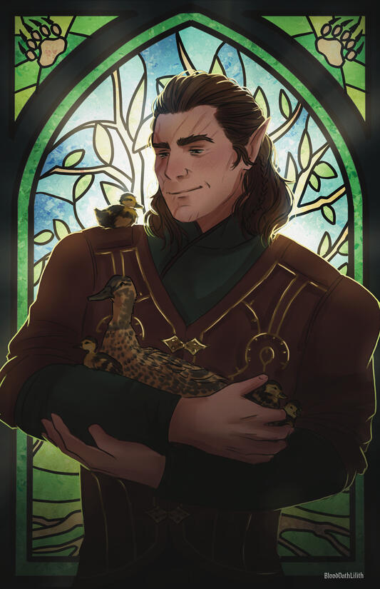 Halsin Stained Glass Epilogue Portrait - The outfits, posing, flowers, and artwork in the stained glass all represent a best possible future (in my eyes) for each character from BG3 after the epilogue. 2025.