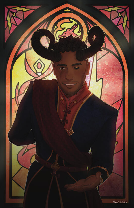 Wyll Stained Glass Epilogue Portrait - The outfits, posing, flowers, and artwork in the stained glass all represent a best possible future (in my eyes) for each character from BG3 after the epilogue. 2025.