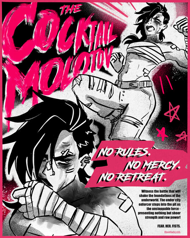 Cocktail Molotov - A print of Vi in the style of an underground, mass-printed event poster. Also printed as risograph. 2024.
