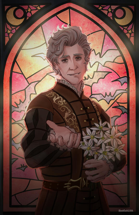 Astarion Stained Glass Epilogue Portrait - The outfits, posing, flowers, and artwork in the stained glass all represent a best possible future (in my eyes) for each character from BG3 after the epilogue. 2025.