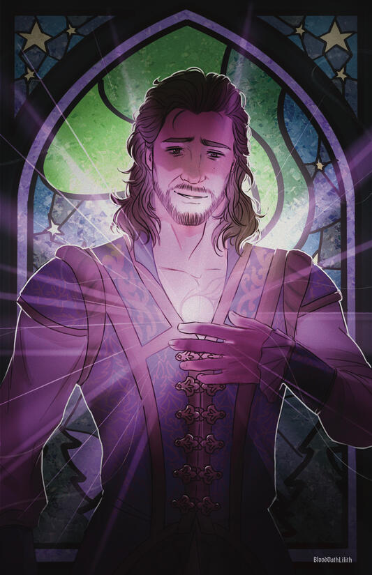 Gale Stained Glass Epilogue Portrait - The outfits, posing, flowers, and artwork in the stained glass all represent a best possible future (in my eyes) for each character from BG3 after the epilogue. 2025.