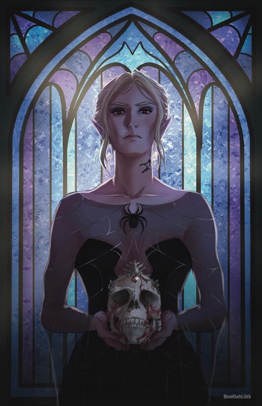 Minthara Stained Glass Epilogue Portrait - The outfits, posing, flowers, and artwork in the stained glass all represent a best possible future (in my eyes) for each character from BG3 after the epilogue. 2025.