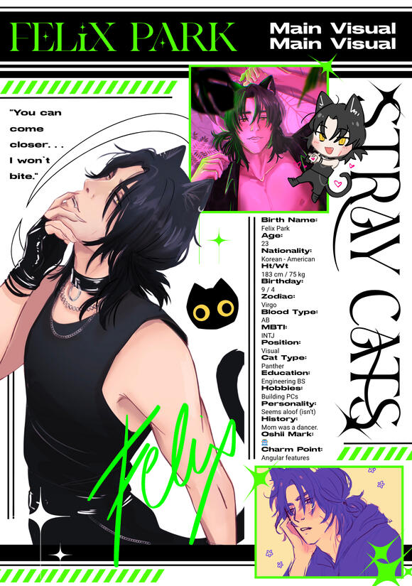 Stray Cats Felix: Magazine Spread - A collaborative project between local AZ artists, we created a fictional boyband to make promotional material with! The magazine graphic layout was designed by me alongside the illustrations. 2025.