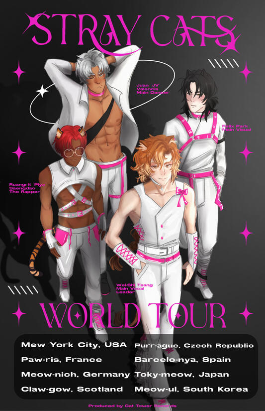 Stray Cats Band Poster - A collaborative project between local AZ artists, we created a fictional boyband to make promotional material with! This band poster graphic layout was designed by me alongside the illustration. 2025.