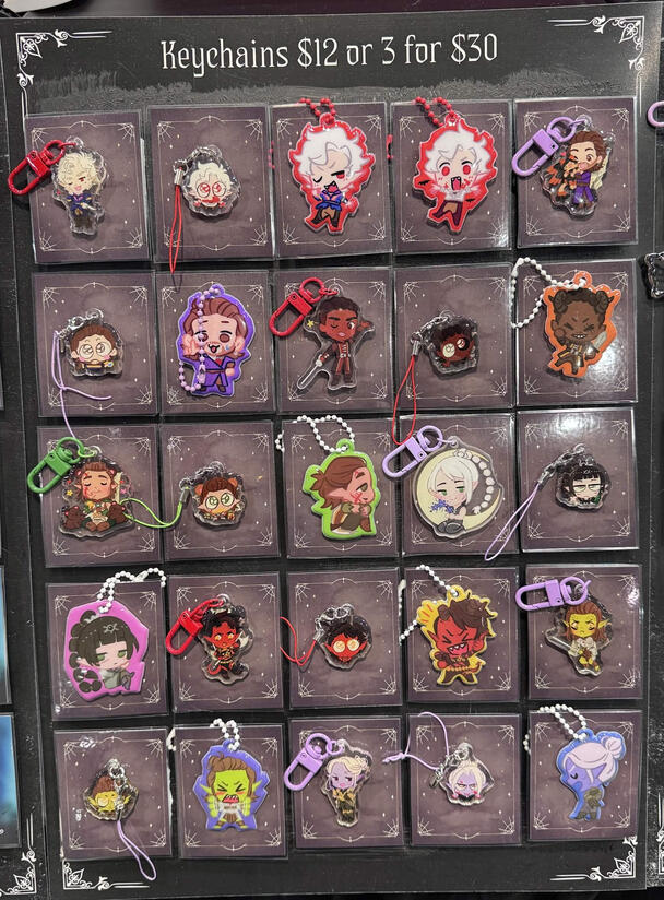 LVLUP Expo 2026 - Keychain display. All keychains ahve different custom backing cards to differentiate fandoms.