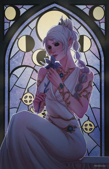 Shadowheart Stained Glass Epilogue Portrait - The outfits, posing, flowers, and artwork in the stained glass all represent a best possible future (in my eyes) for each character from BG3 after the epilogue. 2025.